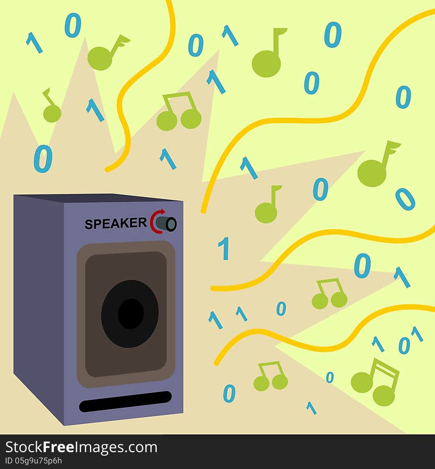 A cartoon illustration of a speaker with notes, ones, and zeros coming out. A cartoon illustration of a speaker with notes, ones, and zeros coming out