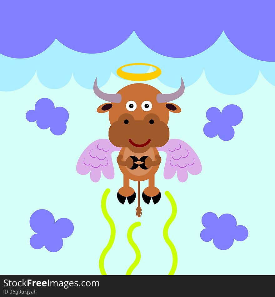 A cartoon illustration of a bull flying upwards to heaven. A cartoon illustration of a bull flying upwards to heaven