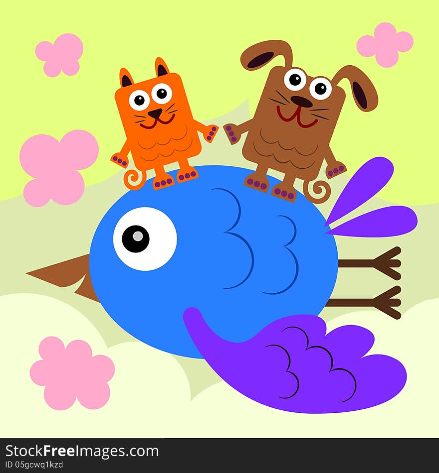 A cat and a dog riding a giant bird. A cat and a dog riding a giant bird