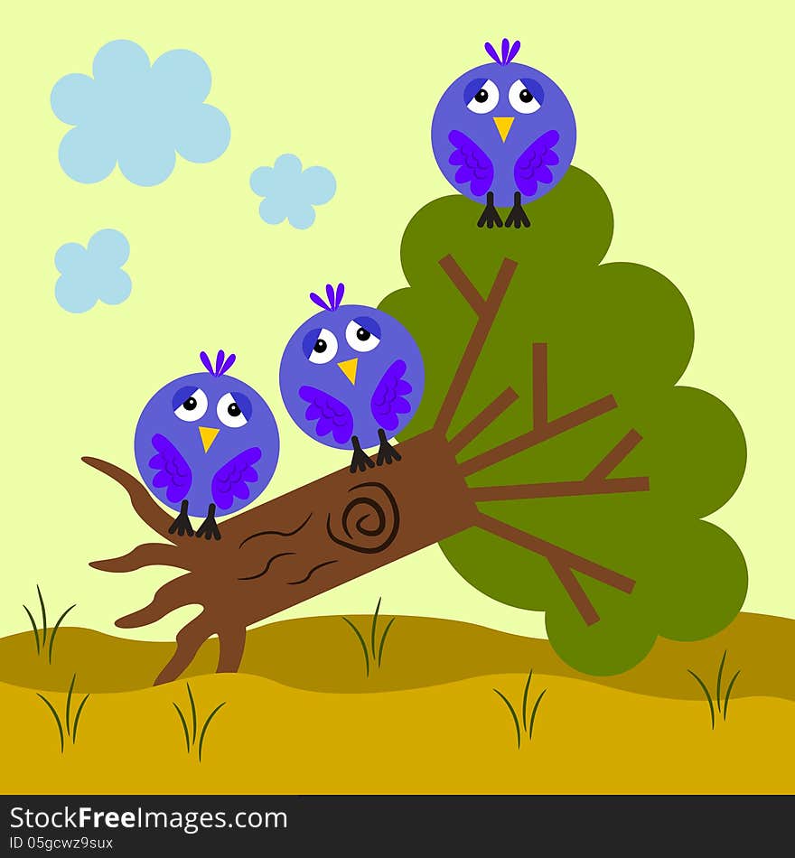 Three birds looking very sad while sitting on a fallen tree