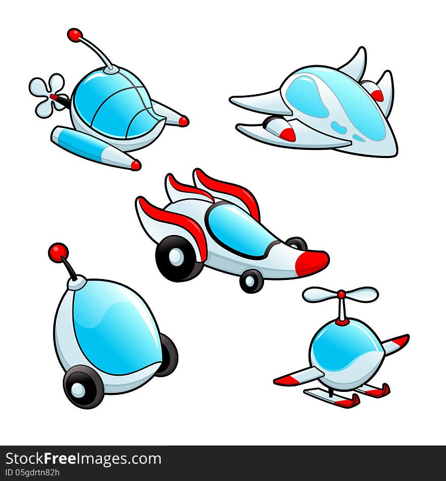 Funny spaceships. Cartoon and vector isolated objects.