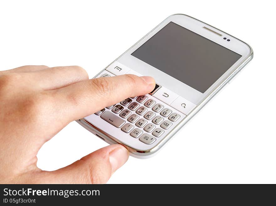 Hand touching white smart phone on white background