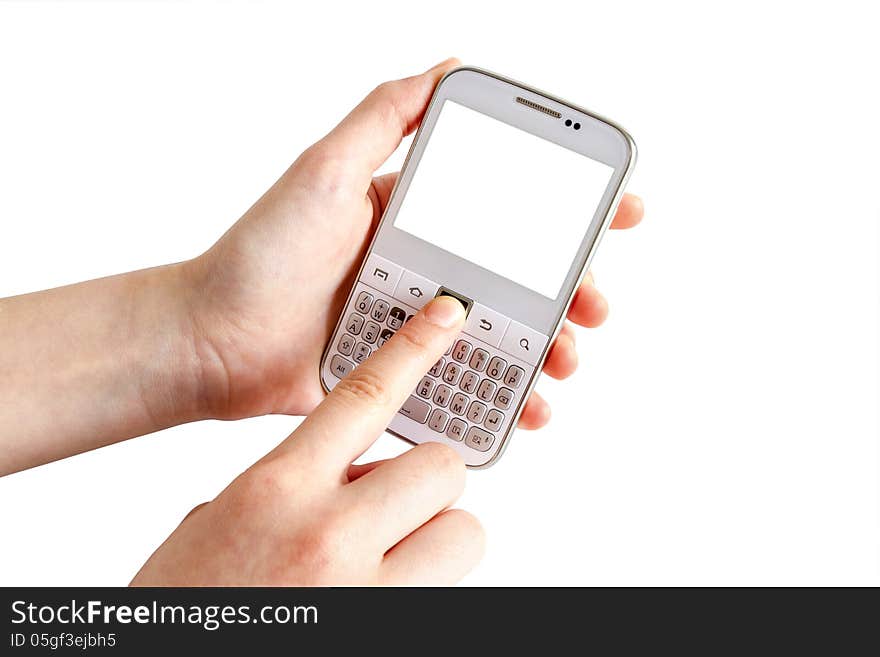 Hands holding white smart phone on white background