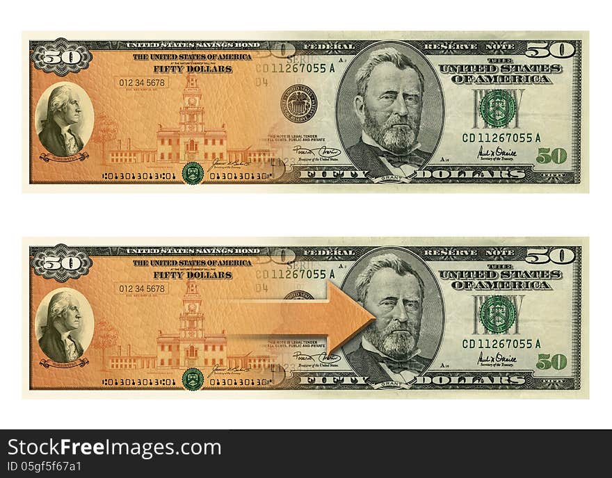 Photo Illustration of a U.S. Savings Bond and a 50 dollar bill composited together. Photo Illustration of a U.S. Savings Bond and a 50 dollar bill composited together.