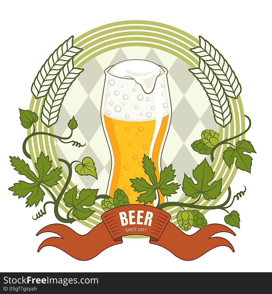 Beer label, vector illustration with glass of beer