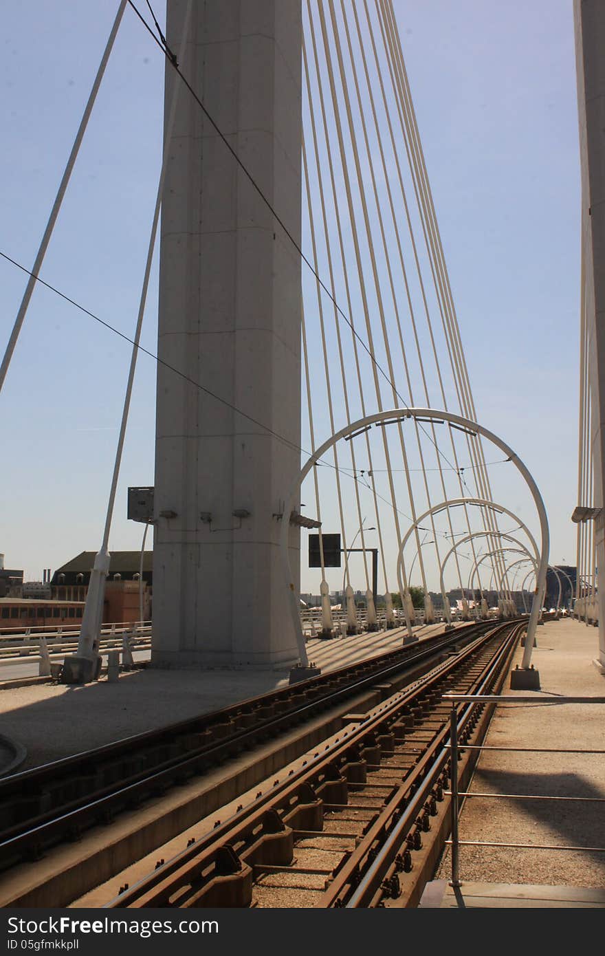 Modern tramline crossing a bridge