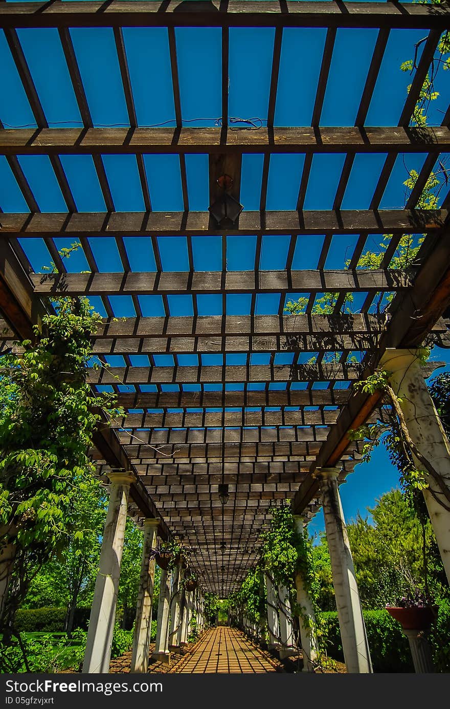 Garden Lattice walkway with stone pavers and vine flowers throughout the trellis work