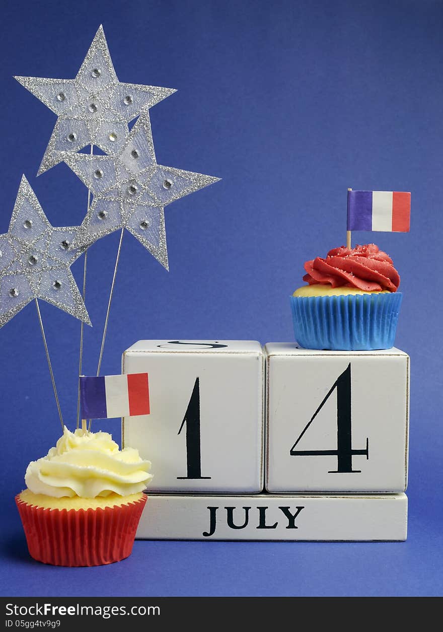 France National holiday calendar, 14 July, Fourteenth of July, Bastille Day, with flags , cakes and stars decorations. France National holiday calendar, 14 July, Fourteenth of July, Bastille Day, with flags , cakes and stars decorations.