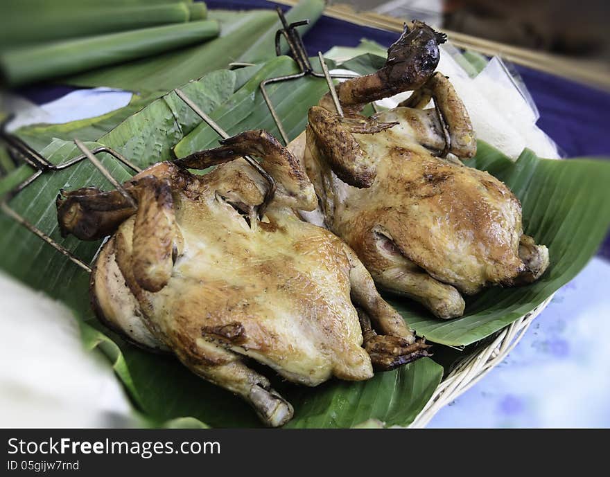 Grilled chicken on a banana leaf