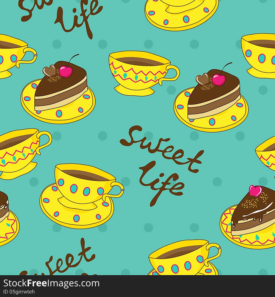 Vector seamless pattern with cups and cakes