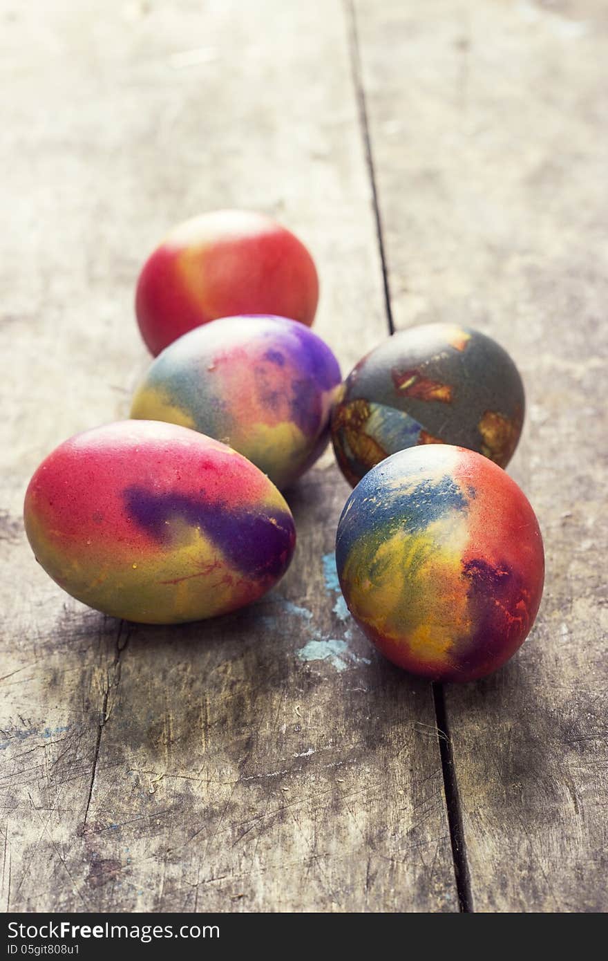 Easter eggs on a old wooden table