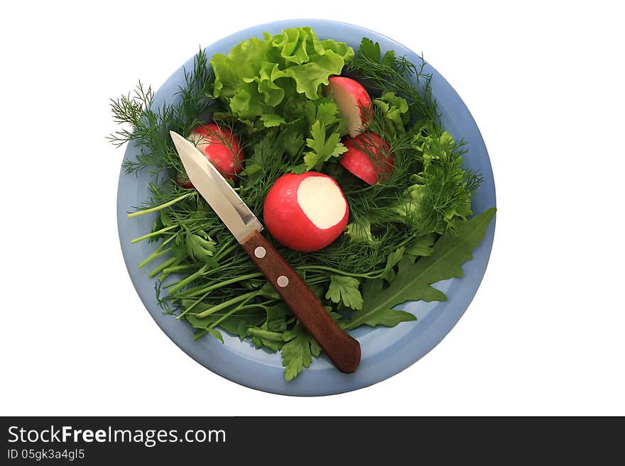 Greens and radishes on a blue plate with a knife for a summer salad