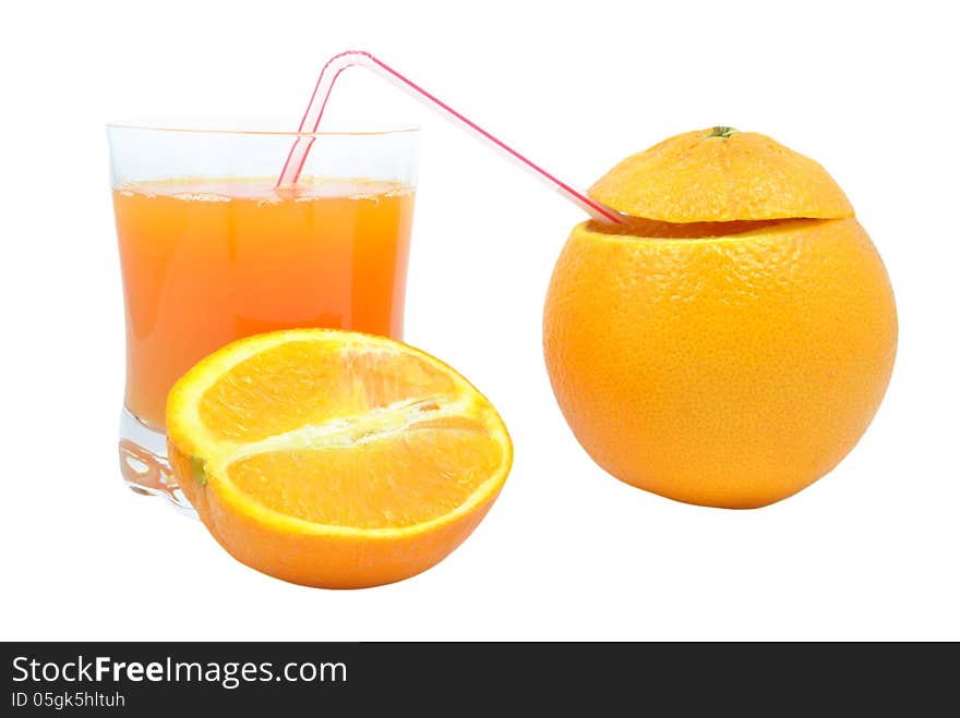 Orange juice and oranges on a white background