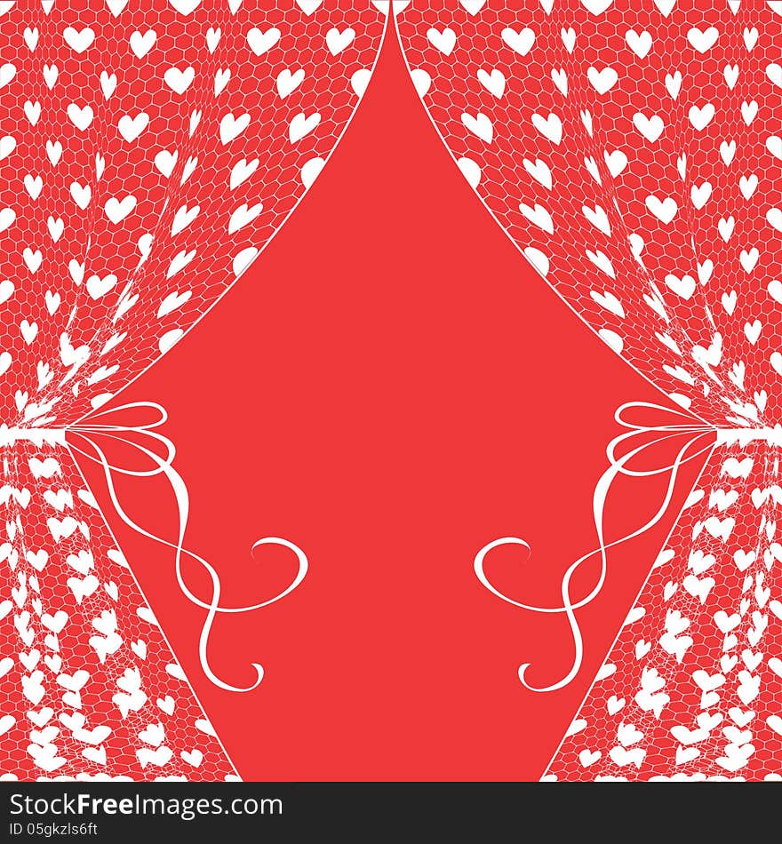 Red background with tule curtains with hearts