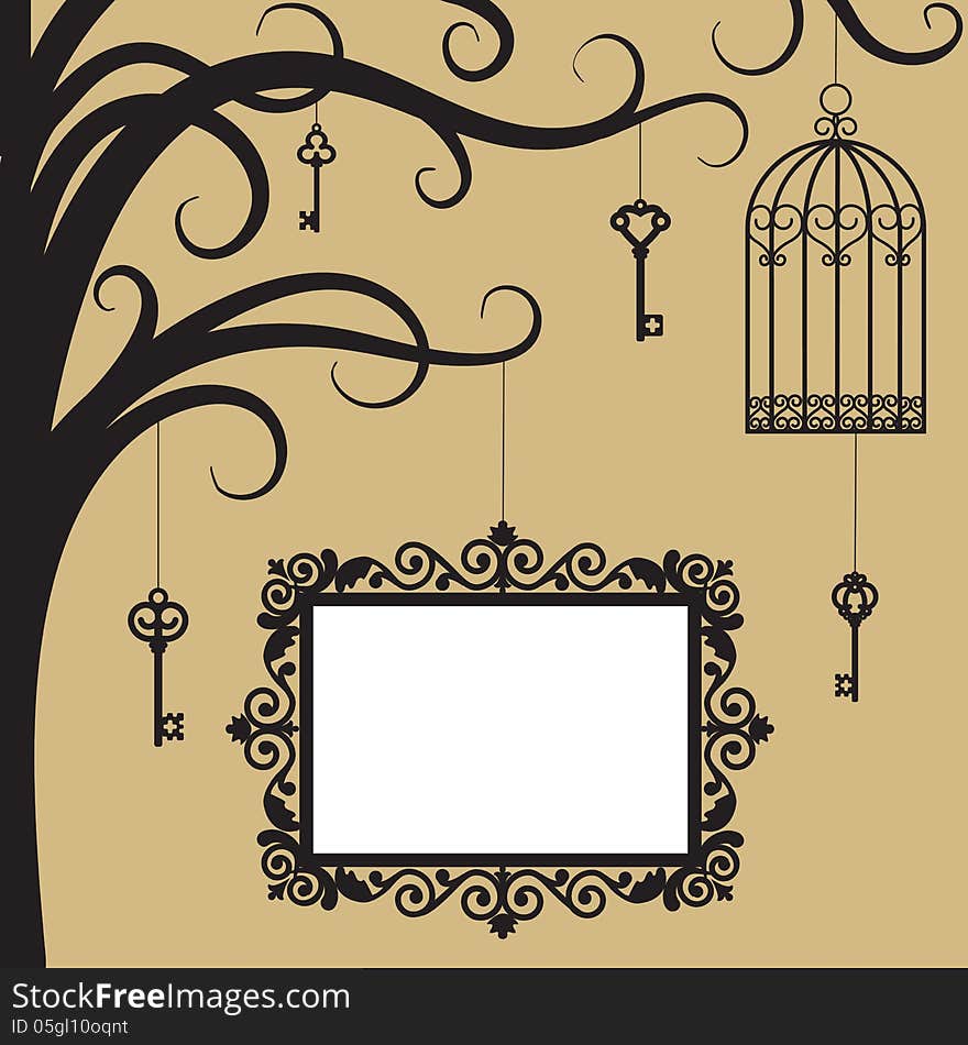 Vintage card with cage, keys and frame on tree branch