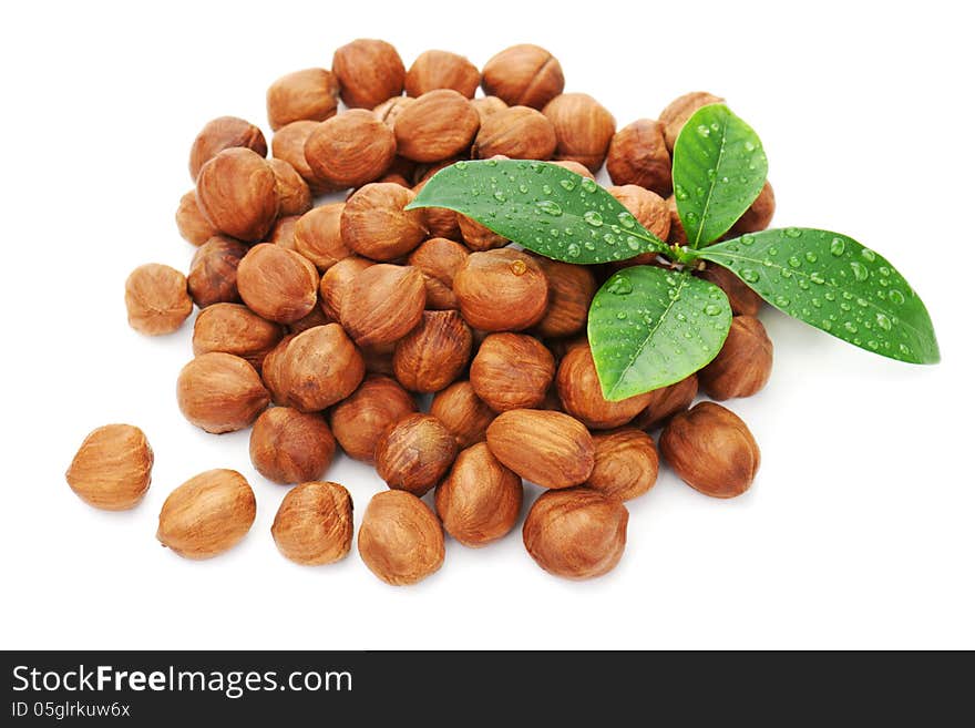 Heap of fresh shelled hazelnuts with green leaves.