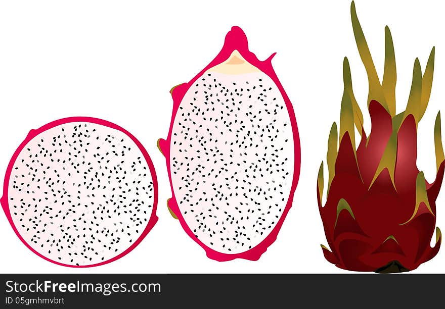 Whole and cross section of a ripe red Dragon-fruit. Whole and cross section of a ripe red Dragon-fruit