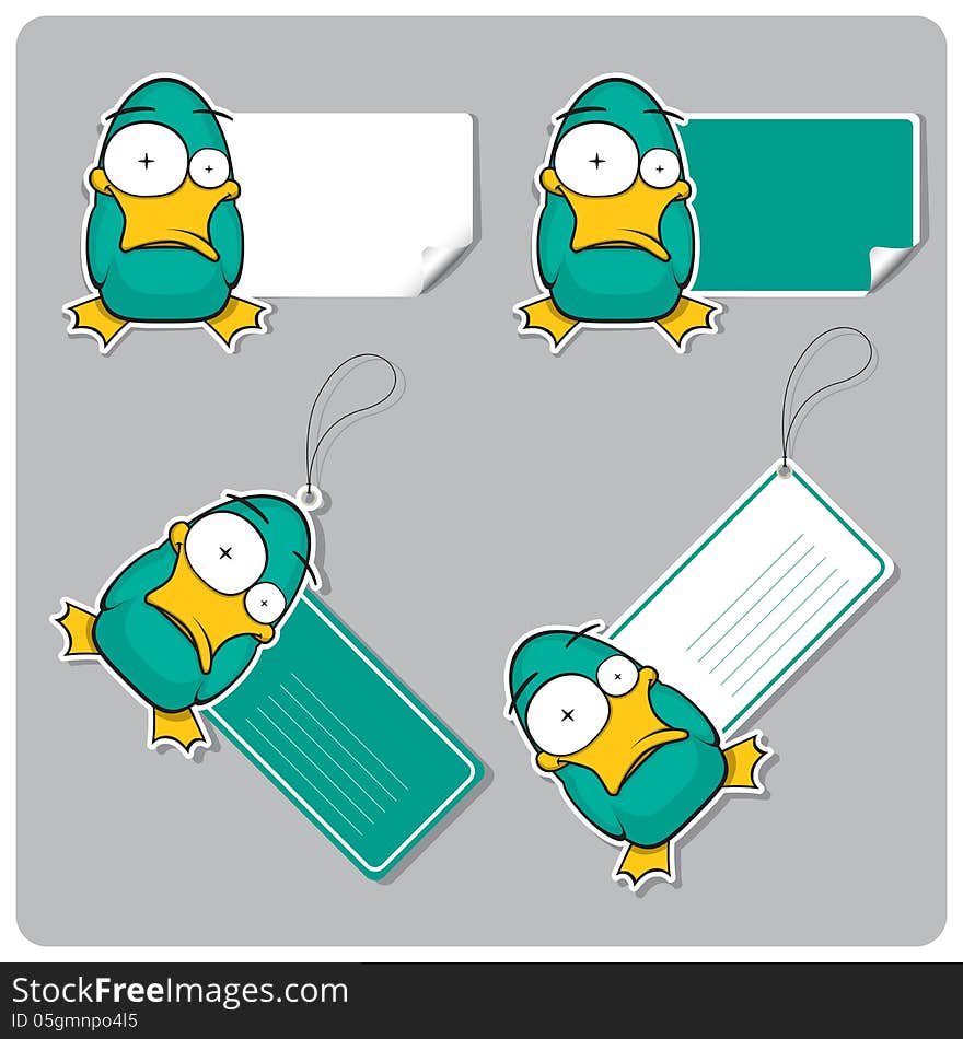 Vector set of tags and stickers with cartoon duck. Vector set of tags and stickers with cartoon duck.