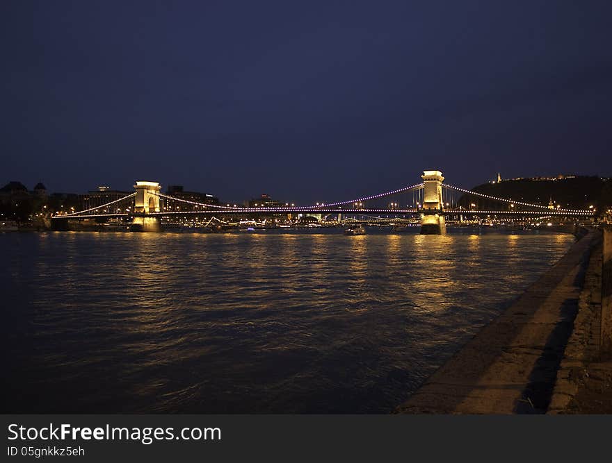 Illuminated Szechenyi Chain Bridge, Budapest, Hungar