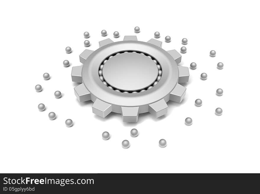 3D model of gear and ball bearing on white background