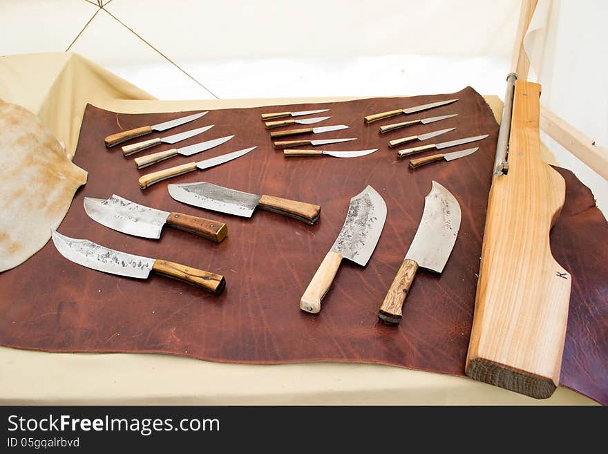 Exhibition of medieval blades for cooking and eating. Exhibition of medieval blades for cooking and eating