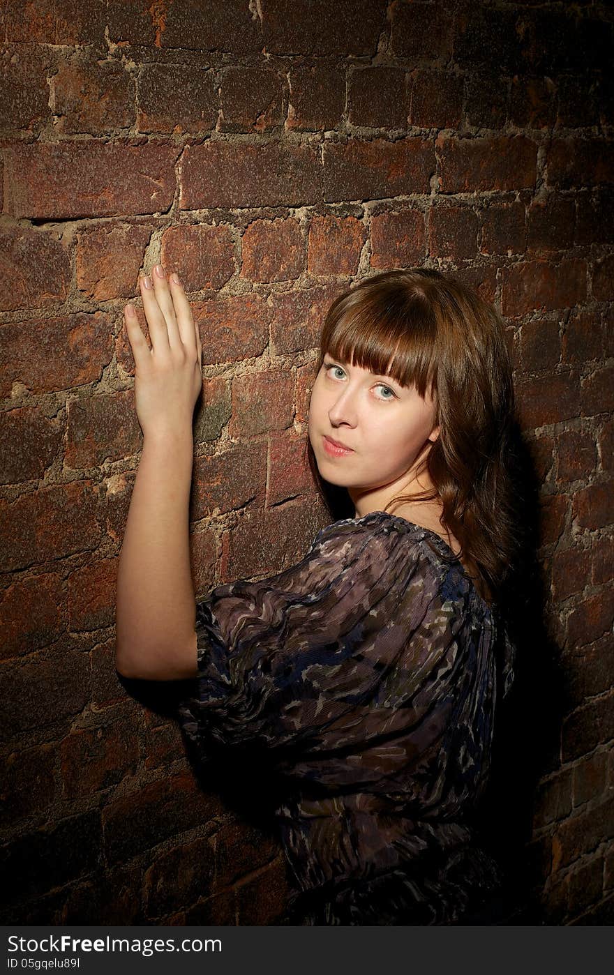 Attractive Young Woman with Long Ginger Hair near Brick Wall