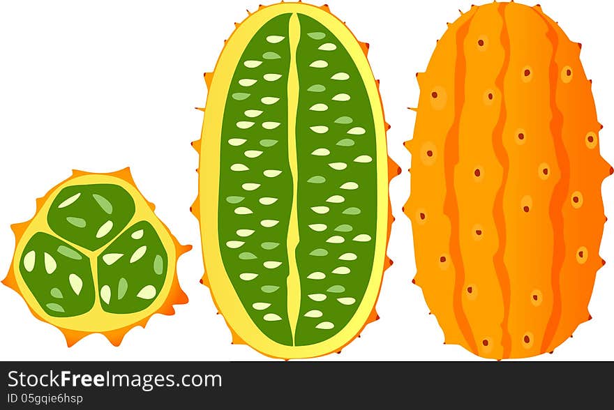 Whole and cross section of a ripe African cucumber, horned melon. Whole and cross section of a ripe African cucumber, horned melon.