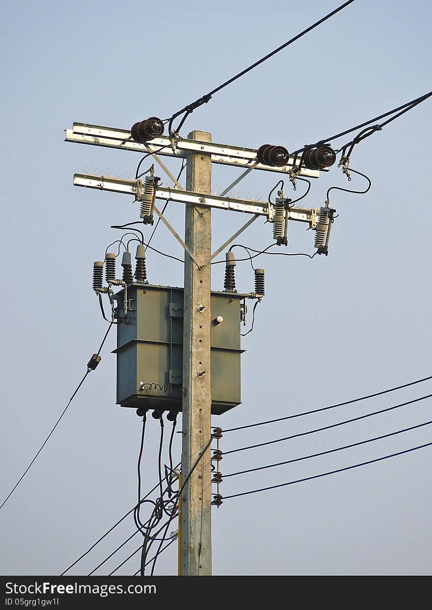 Low voltage electricity post and Transformers in daytime