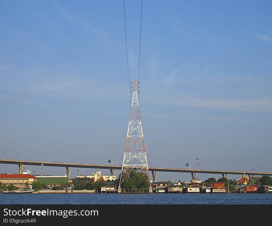 High voltage tower for transmission system across Chao Phraya river Thailand. High voltage tower for transmission system across Chao Phraya river Thailand