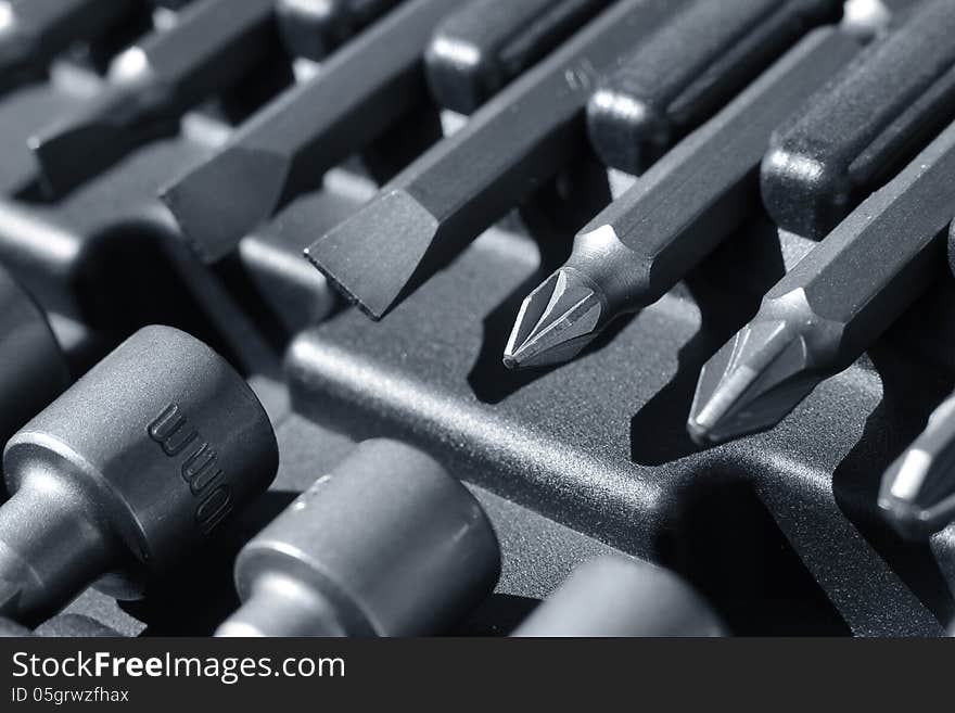 Hard metal tool bits box macro closeup