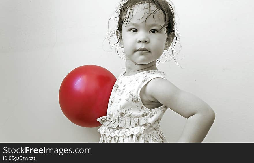 Little girl with red ball, black & white mixed style