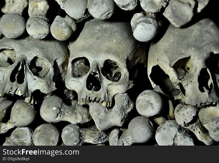 Human skulls and bones in Kutna Hora, Czech Republic.