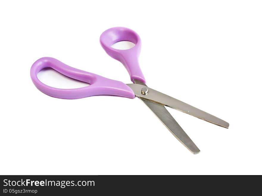 Purple scissors on a white background.