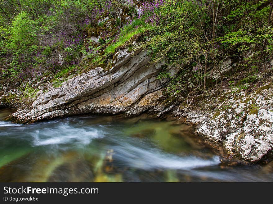 Fresh mountain stream and waterfalls in the forest in spring