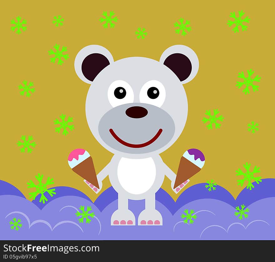 Illustration of a polar bear holding two snow cones. Illustration of a polar bear holding two snow cones