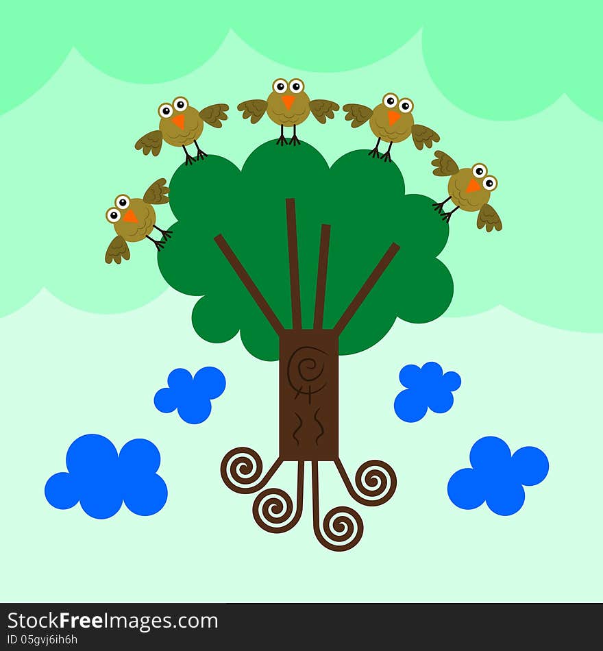 Illustration of five birds flying and carrying a tree. Illustration of five birds flying and carrying a tree