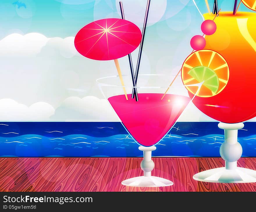 Two glasses of tropic cocktail on wooden table background. Two glasses of tropic cocktail on wooden table background.