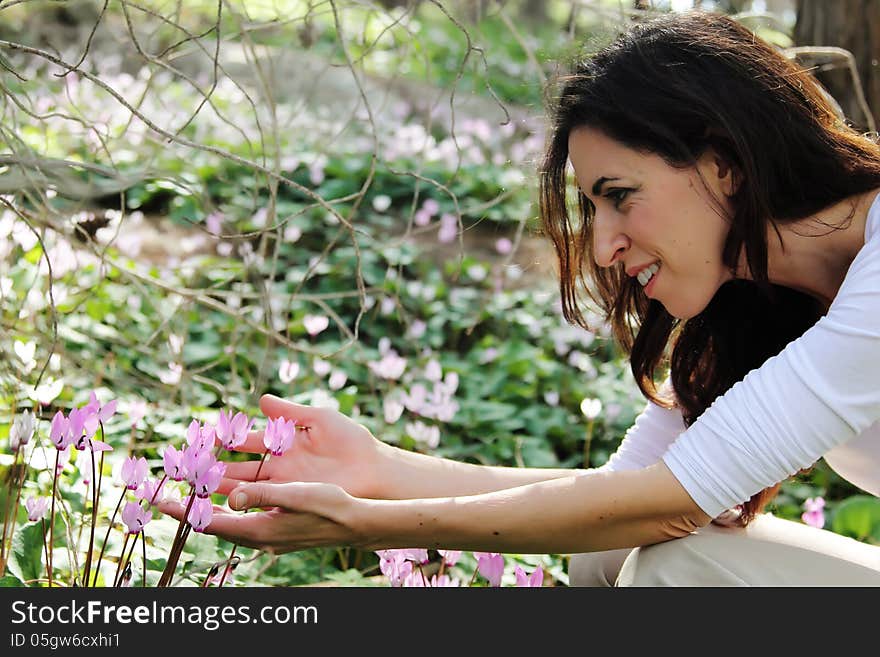 Beautifull 35 years old woman in spring forest