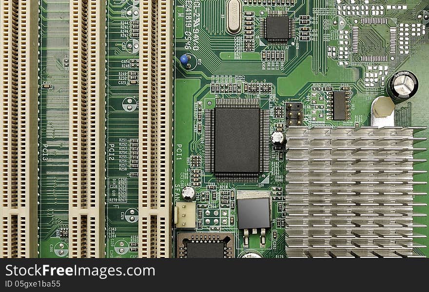 Close up of electronic board with circuits and components