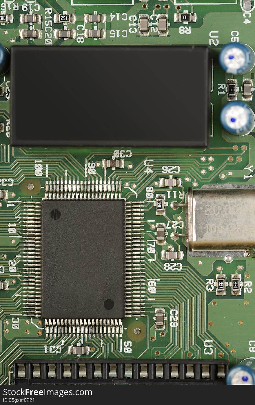 Close up of electronic board with circuits and components