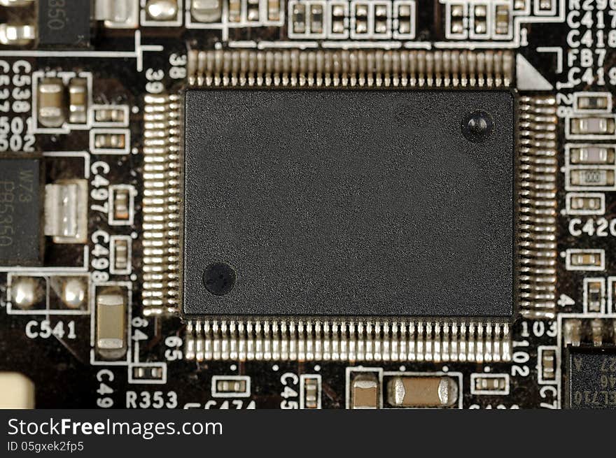 Close up of electronic board with circuits and components