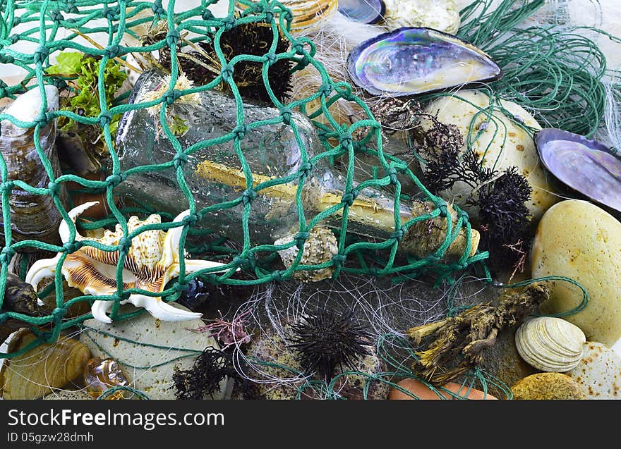 Still life of the fishing net with the bottle inside. Still life of the fishing net with the bottle inside