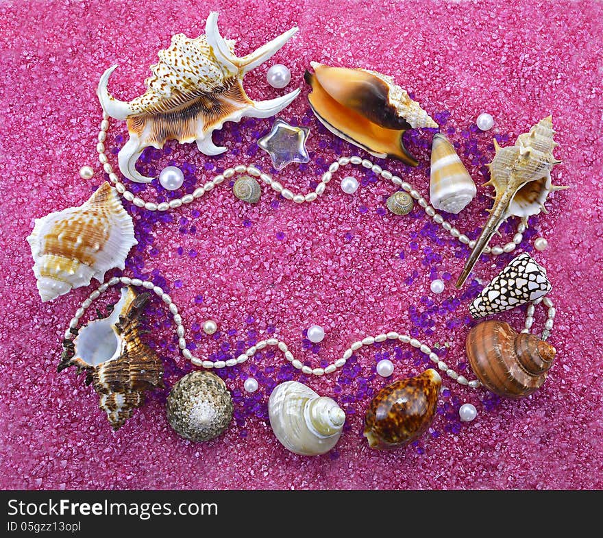 Still life of shells and decorations on pink sand background. Still life of shells and decorations on pink sand background