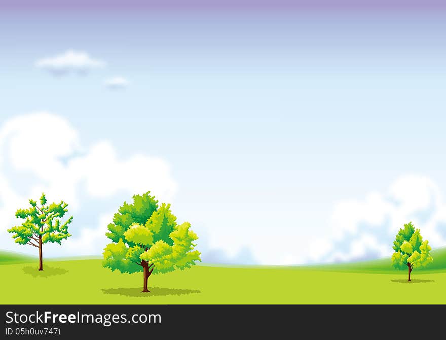 Green field with sky and cloud, nature background, illustration. Green field with sky and cloud, nature background, illustration