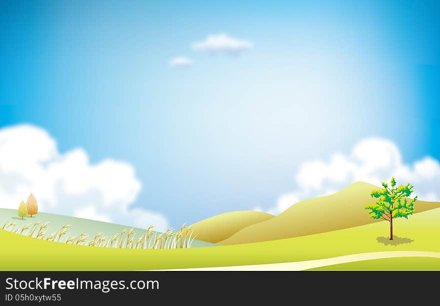 Green field with sky and cloud, nature background, illustration. Green field with sky and cloud, nature background, illustration