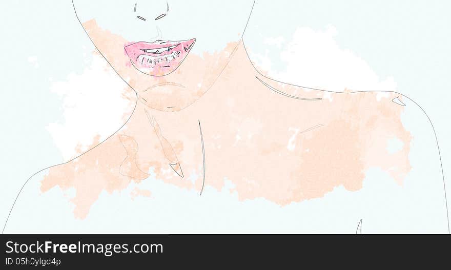 Watercolor Woman With Pink Lips