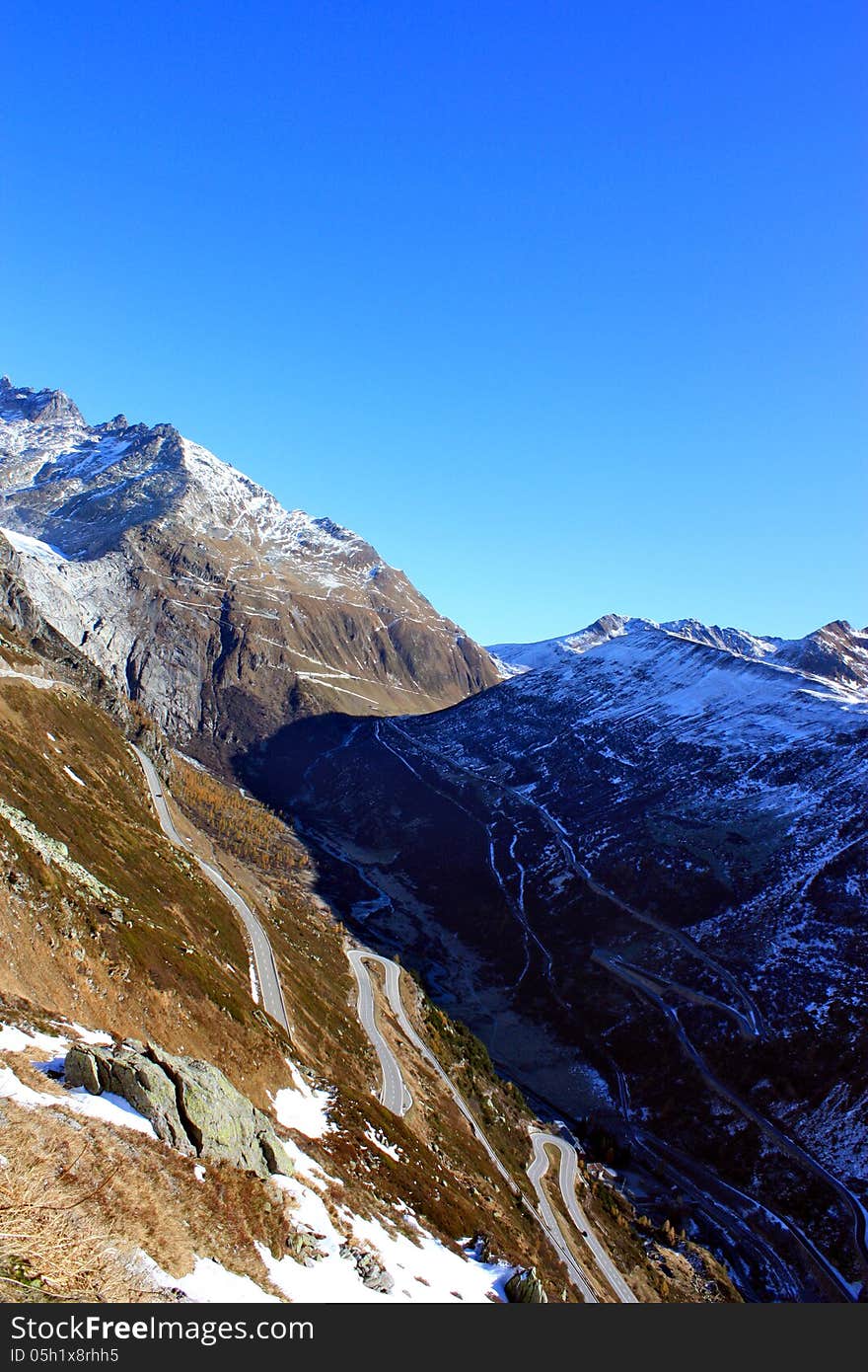 Bendy roads in the Alps, Switzerland.