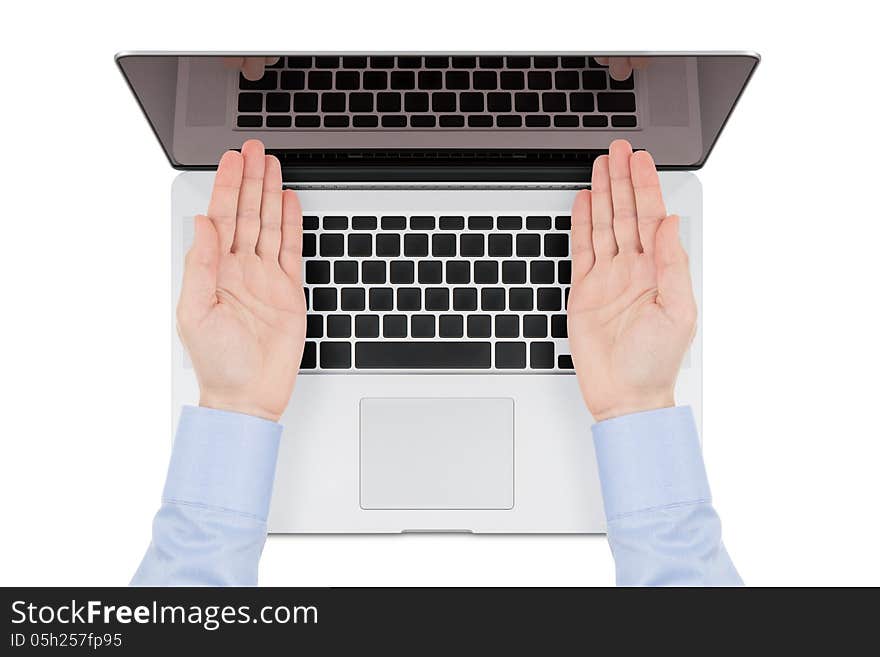 Top view of modern retina laptop with a man's hands directed toward the screen on white background. You can put any image on the screen, while retaining reflection of keyboard. Top view of modern retina laptop with a man's hands directed toward the screen on white background. You can put any image on the screen, while retaining reflection of keyboard.