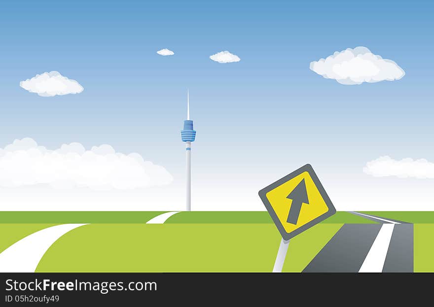 Green field with tower,sky,cloud and road. Illustration Vector. Green field with tower,sky,cloud and road. Illustration Vector