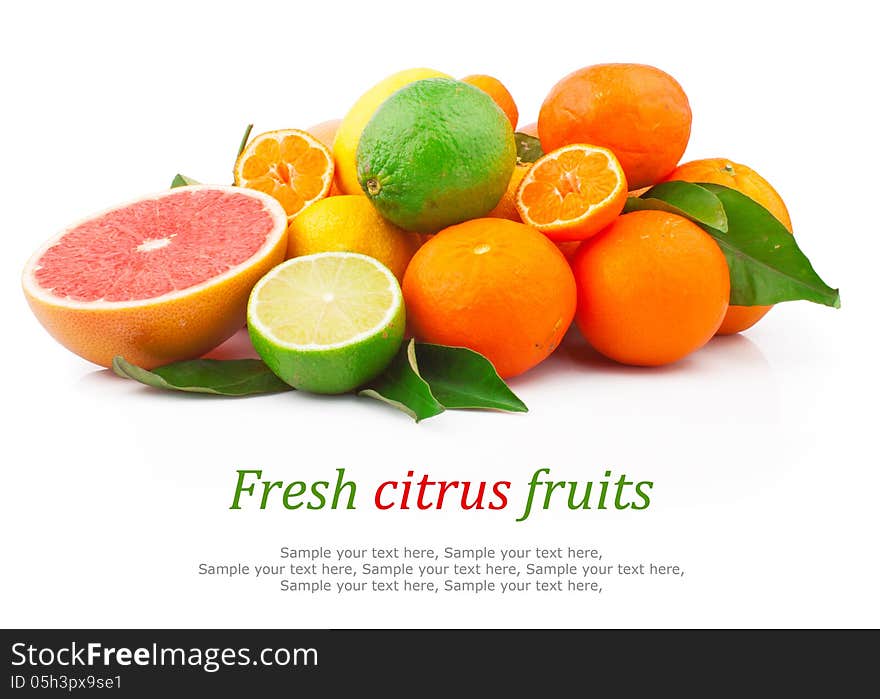 Set of fresh citrus fruits with green leaves & text, on white background